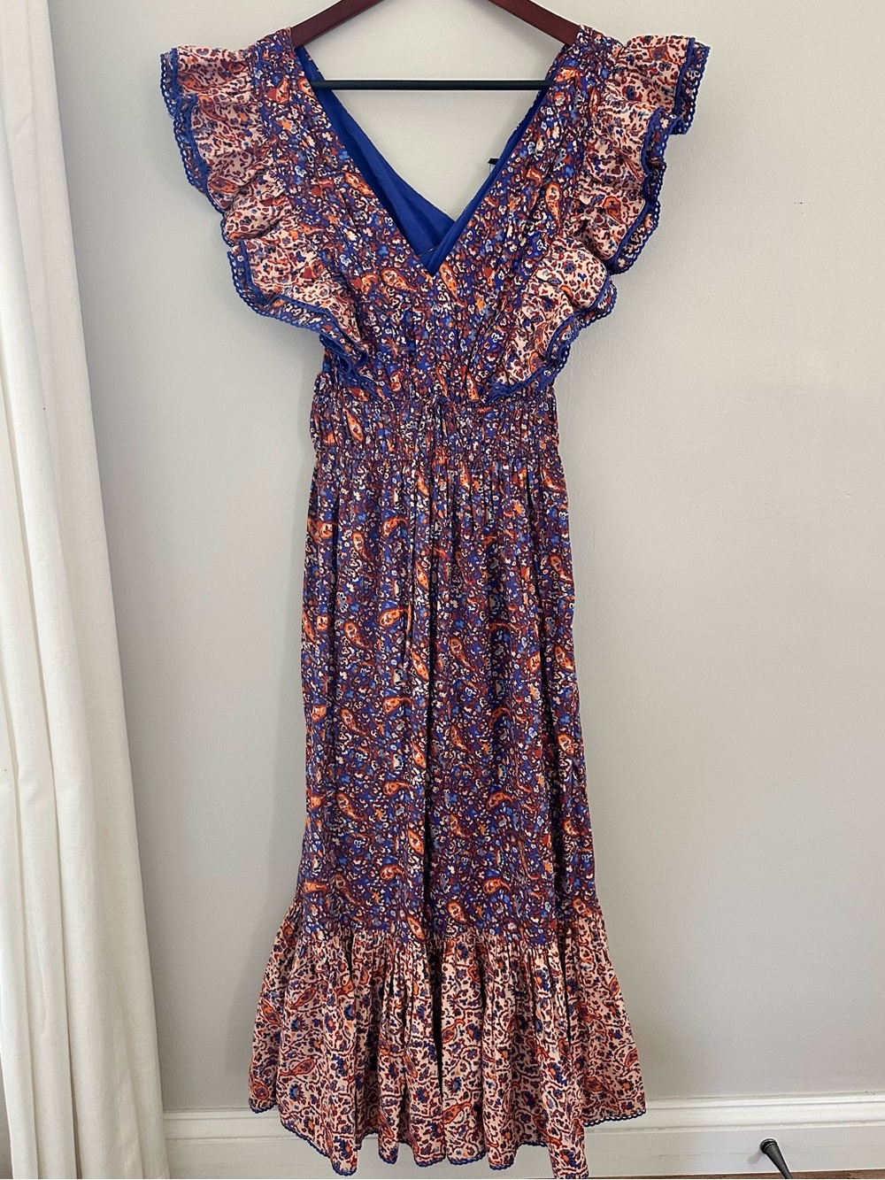 French Connection Blue Floral Maxi Dress with Ruffle Sleeves Anathia Blaire Sz 2
